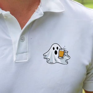 BOO-ZE Ghost Drinking Beer Halloween Men's Sport Polo Shirt