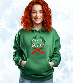 Christmas in Boston - Vintage Holiday Wreath Unisex Hoodie