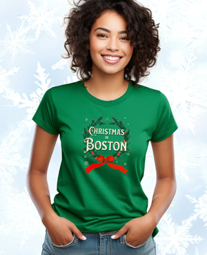 Christmas in Boston - Vintage Holiday Wreath Unisex Jersey Tee