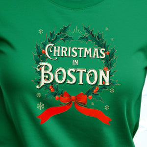 Christmas in Boston - Vintage Holiday Wreath Unisex Jersey Tee