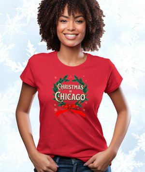 Christmas in Chicago - Vintage Holiday Wreath Unisex Jersey Tee