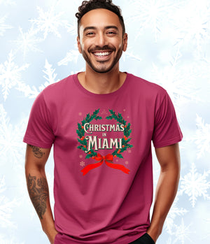 Christmas in Miami - Vintage Holiday Wreath Unisex Jersey Tee