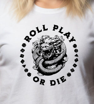 ROLL PLAY OR DIE Unisex Tshirt with Multi-Sided Dungeons Dice & coiled Dragons Graphic