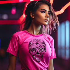 Day of the Dead Girl Sugar Skull Design t-shirt (Unisex Moisture Absorbing in PINK Neon Colors and more!)