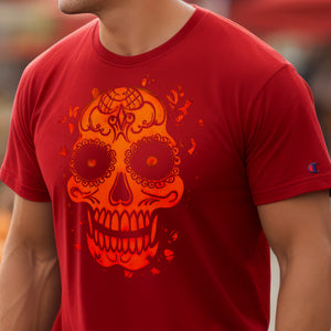 Day of the Dead Halloween Flaming Sugar Skull Unisex Champion t-shirt