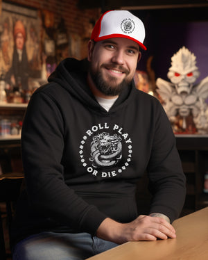 ROLL PLAY OR DIE dark color Hoodie with Multi-Sided Dungeons Dice & coiled Dragons Graphic