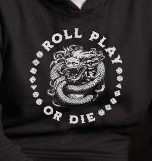 ROLL PLAY OR DIE dark color Hoodie with Multi-Sided Dungeons Dice & coiled Dragons Graphic