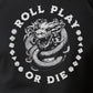 ROLL PLAY OR DIE Unisex Tshirt with Multi-Sided Dungeons Dice & coiled Dragons Graphic