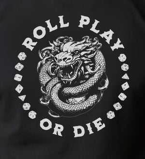 ROLL PLAY OR DIE Unisex Tshirt with Multi-Sided Dungeons Dice & coiled Dragons Graphic