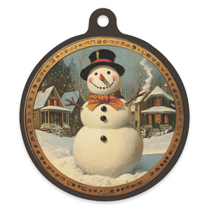 Vintage Snowman 4" Round Metal Ornament - BUILD A SNOWMAN!