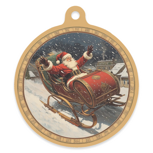 Vintage Santa Claus 4" Round Metal Ornament - Winter Sleigh Ride