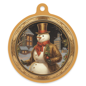 Vintage Snowman 4" Round Metal Ornament - SNOWMAN ABOUT TOWN!